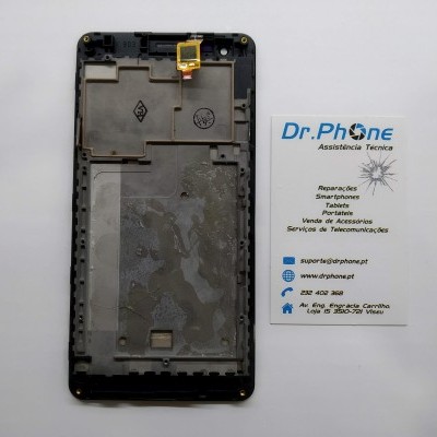 Ecrã interno de telemóvel preto ao lado de cartão de visita Dr.Phone