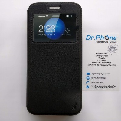 Capa preta para smartphone com janela transparente e cartão de visita da assistência técnica Dr. Phone