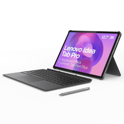Tablet Lenovo Idea Tab Pro com teclado preto e caneta prateada, ecrã com texto em fundo roxo