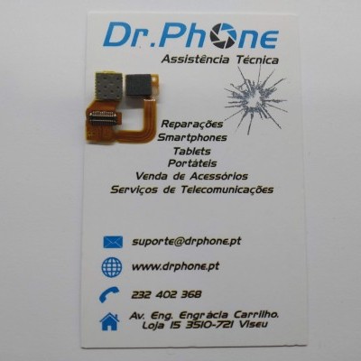 Cartão de visita Dr. Phone com contacto e duas peças eletrónicas flexíveis em cima