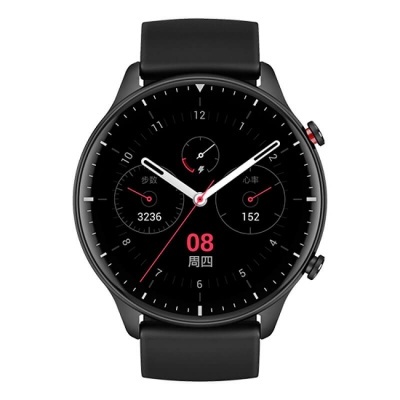 Relógio inteligente preto com bracelete de silicone e mostrador digital e analógico