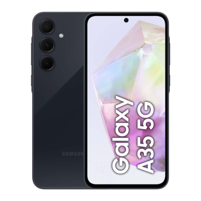 Smartphone Samsung Galaxy A35 5G preto com três câmaras e ecrã frontal com texto
