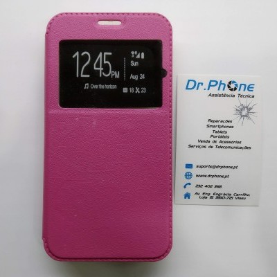 Capa de smartphone rosa com janela transparente ao lado de cartão de visita
