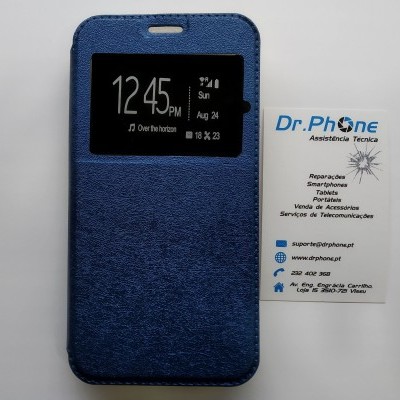 Capa de telemóvel azul com janela para ecrã ao lado de cartão de visita da Dr.Phone