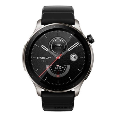 Relógio inteligente preto com mostrador redondo e bracelete em silicone