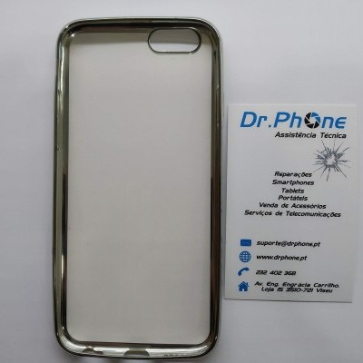 Capa de telemóvel transparente com borda metálica e cartão de visita da Dr. Phone