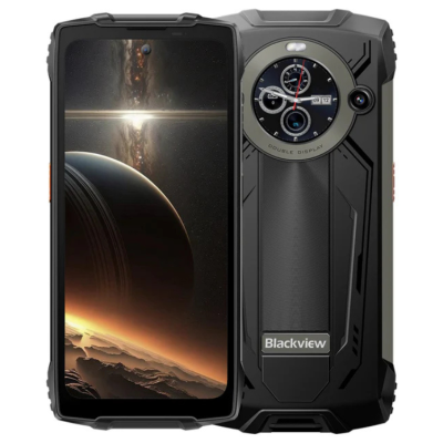 Smartphone Blackview preto com sistema de dupla tela e mostrador circular na traseira