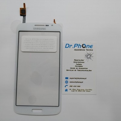 Ecrã tátil branco Samsung ao lado de cartão de assistência técnica Dr. Phone