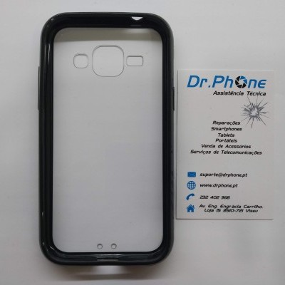 Capa protetora para smartphone preta com cartão de visita Dr.Phone ao lado