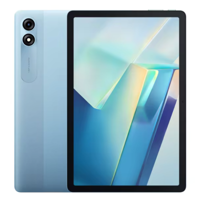 Tablet azul claro com ecrã grande e duas câmaras traseiras