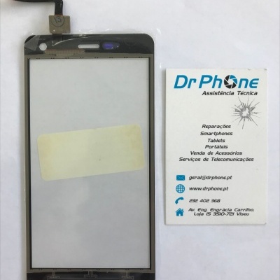 Ecrã tátil preto para smartphone ao lado de cartão de visita Dr Phone assistência técnica