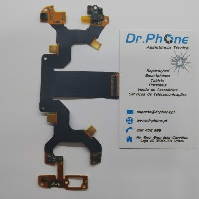 Flex cable preto com conectores dourados e cartão de visita da assistência técnica Dr.Phone