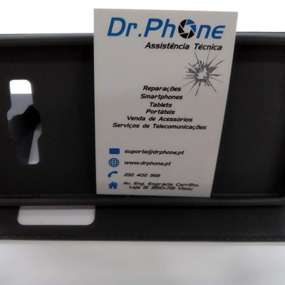 Suporte preto para smartphone com cartão de visita da Dr.Phone