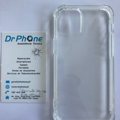 Capa transparente para smartphone ao lado de cartão de visita da Dr Phone