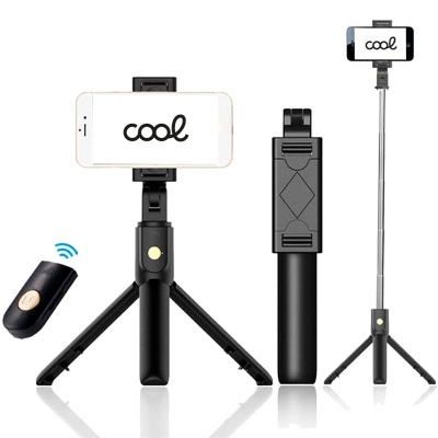 Tripé e pau de selfie preto com suporte para telemóvel e telecomando