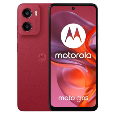 Smartphone Motorola moto g05 vermelho com câmara dupla e ecrã com entalhe central.