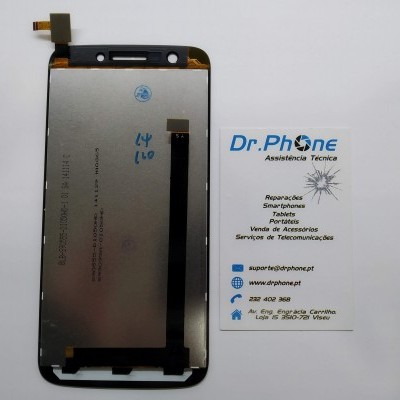 Ecrã frontal de smartphone com painel táctil e cartão de visita da empresa Dr.Phone