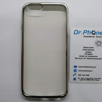 Capa preta transparente para smartphone ao lado de cartão de visita da Dr.Phone