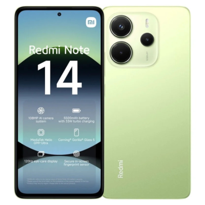Smartphone Redmi Note 14 verde claro visto de frente e costas com texto no ecrã
