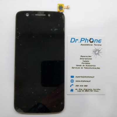 Ecrã tátil preto para smartphone ao lado de cartão de visita da Dr.Phone