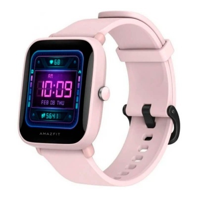Relógio inteligente Amazfit com bracelete rosa e ecrã digital colorido