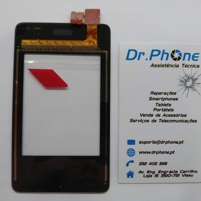 Ecrã táctil preto para smartphone ao lado de cartão de visitas da Dr.Phone Assistência Técnica