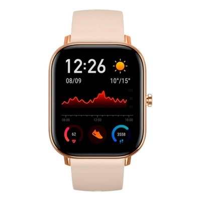 Relógio inteligente com bracelete rosa claro e ecrã digital com dados de saúde