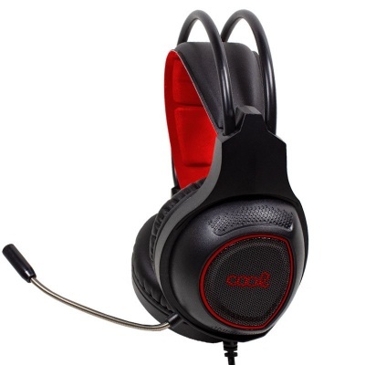 Auriculares over-ear pretos com interior vermelhos e microfone