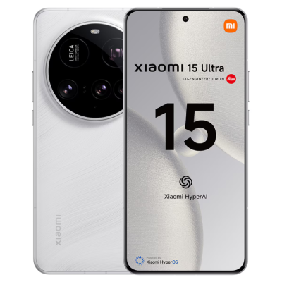 Smartphone Xiaomi 15 Ultra branco com câmaras Leica e ecrã frontal com texto Xiaomi 15 Ultra