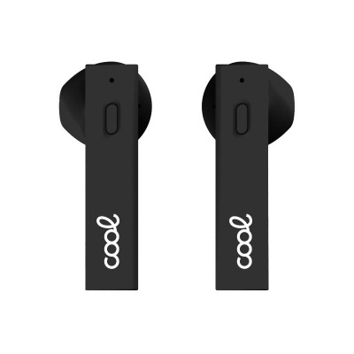 Auriculares sem fios pretos com texto COOL em branco