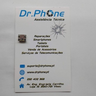 Cartão de visita branco com texto azul e preto da Dr.Phone Assistência Técnica