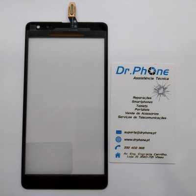 Ecrã tátil preto para smartphone junto a cartão de assistência técnica Dr.Phone