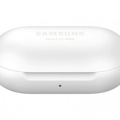 Estojo de carregamento branco para auriculares Samsung com texto no topo