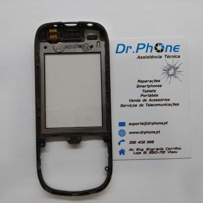 Estrutura de plástico preto de tampa frontal de telemóvel junto a cartão de visita Dr.Phone