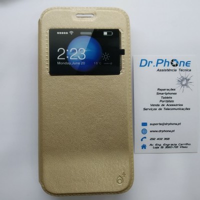 Capa dourada para smartphone com janela de visualização e cartão de visita da empresa Dr.Phone