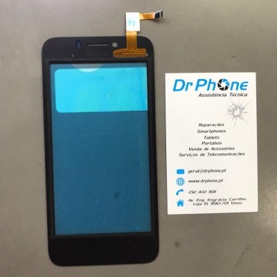 Ecrã tátil preto para smartphone com cartão de visita Dr Phone ao lado