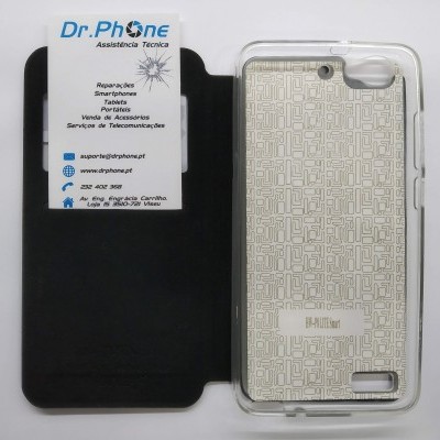 Capa de smartphone com padrão geométrico e cartão de visita da Dr.Phone