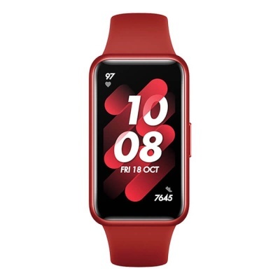 Smartwatch vermelho com ecrã retangular a mostrar horas, data e frequência cardíaca