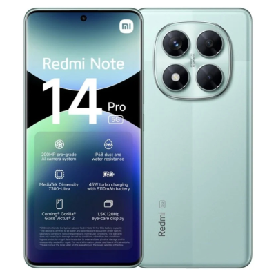 Smartphone Xiaomi Redmi Note 14 Pro 5G verde claro com três câmaras traseiras grandes e ecrã frontal ligado