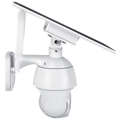 Câmara de segurança branca com painel solar preto montada na parede