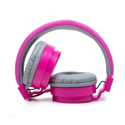 Headphones rosa com almofadas cinzentas dobrados