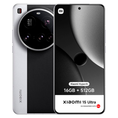 Smartphone Xiaomi 15 Ultra cinza e preto com câmara traseira circular e ecrã frontal
