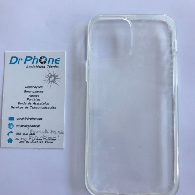 Capa transparente para smartphone ao lado de cartão de visita da Dr Phone Assistência Técnica
