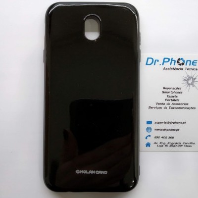 Capa preta para smartphone e cartão de visita sobre fundo branco