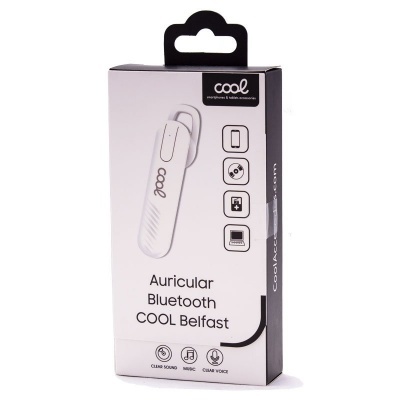 Caixa de auricular Bluetooth COOl Belfast branco com embalagem branca e preta