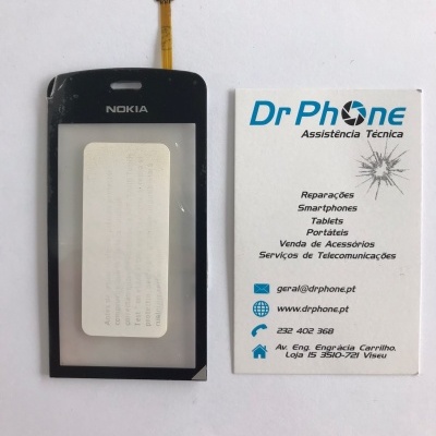 Peça frontal preta de smartphone NOKIA com cartão de visita da DrPhone.
