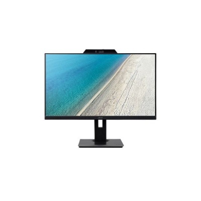Monitor preto com webcam e imagem de praia no ecrã