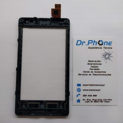 Ecrã tátil negro para smartphone ao lado de cartão de visita Dr.Phone