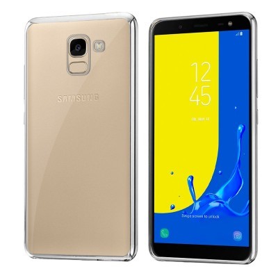 Smartphone Samsung dourado com capa transparente e ecrã ligado com fundo amarelo e azul