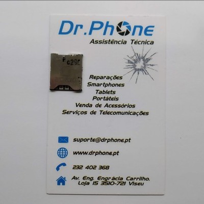 Cartão de visita branco com texto azul e preto da empresa Dr.Phone